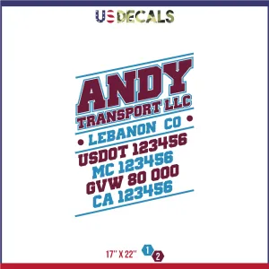 Company Name 2 Lines   5 Location Or Regulation Numbers Truck Lettering Decal (USDOT, MC, GVW, CA), 2 Pack