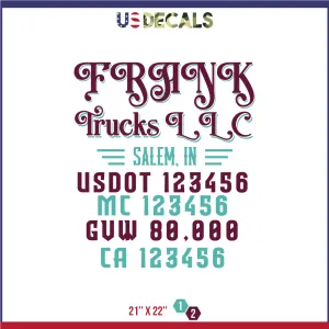Company Name 2 Lines   5 Location Or Regulation Numbers Truck Lettering Decal (USDOT, MC, GVW, CA), 2 Pack