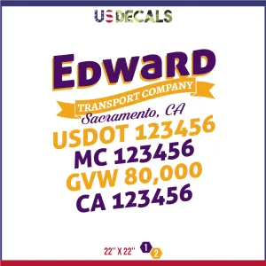 Company Name 2 Lines   5 Location Or Regulation Numbers Truck Lettering Decal (USDOT, MC, GVW, CA), 2 Pack
