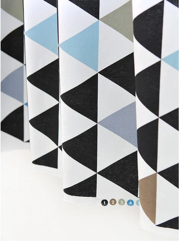 Contemporary Triangles Oxford Cotton Fabric Geometric, Mix of Black Khaki Blue on White Ivory, Home Decor Fabric - By the Yard 40741 - 214