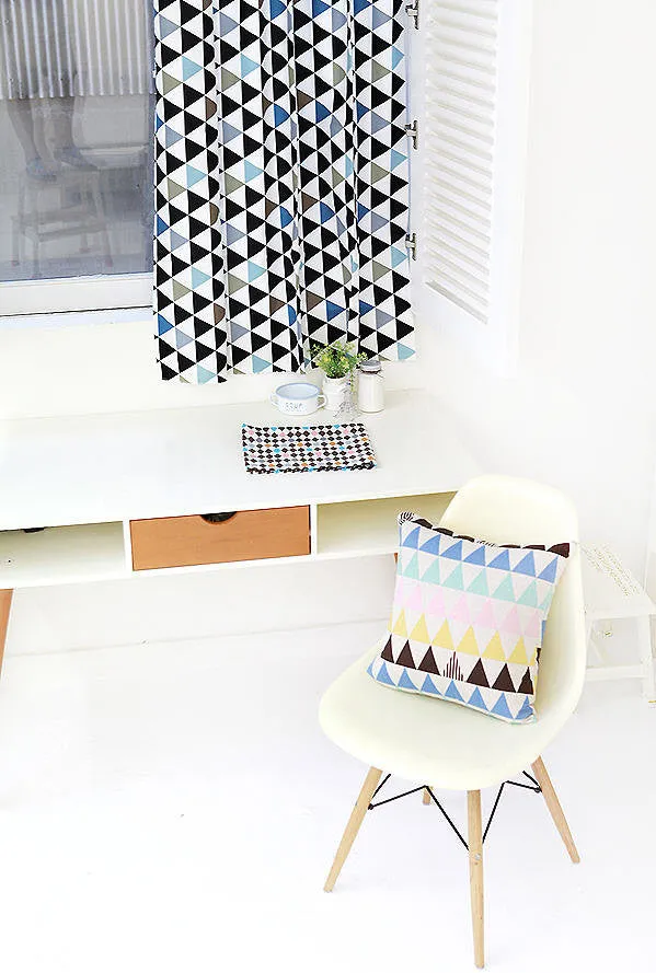 Contemporary Triangles Oxford Cotton Fabric Geometric, Mix of Black Khaki Blue on White Ivory, Home Decor Fabric - By the Yard 40741 - 214