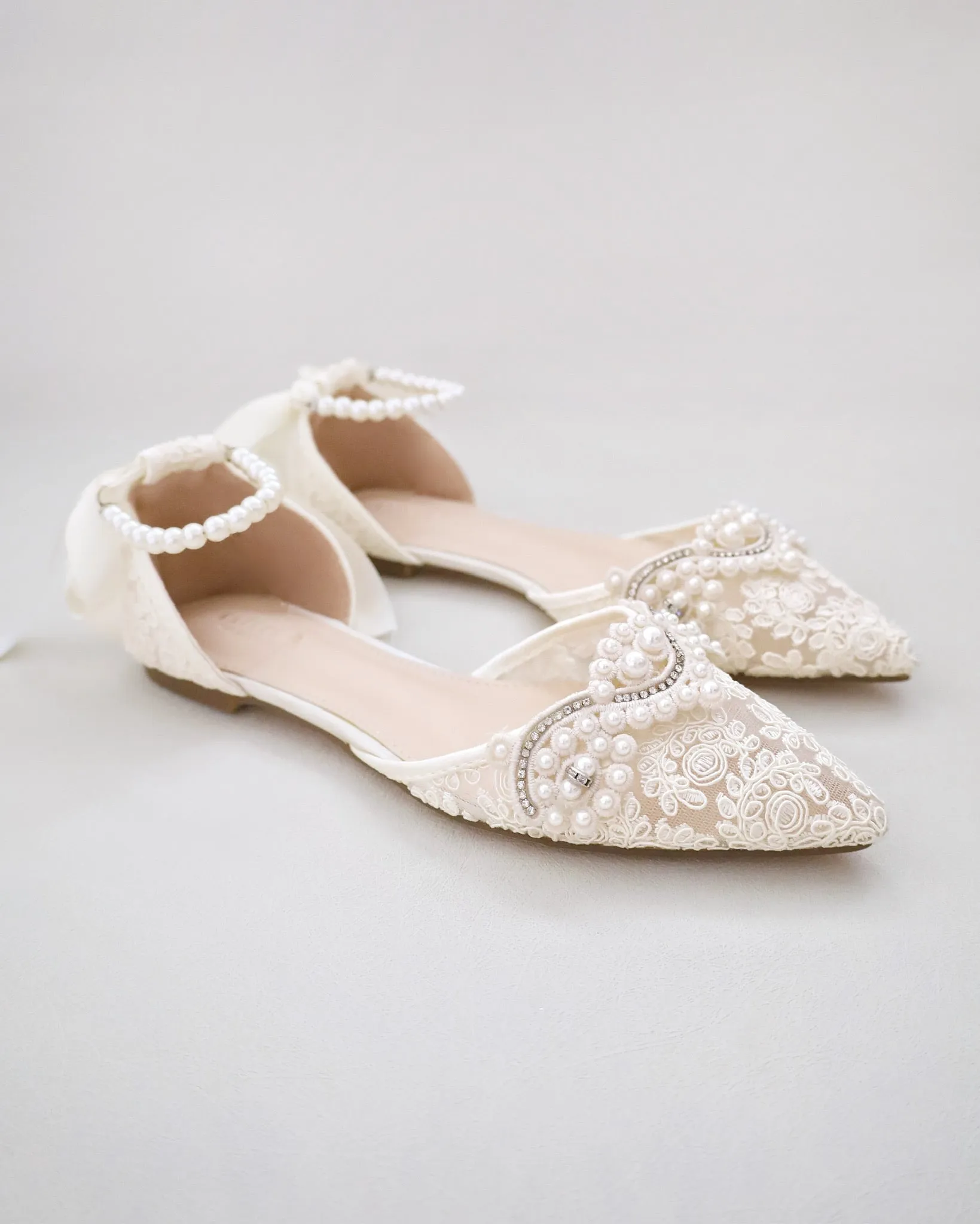 Crochet Lace Pointy Toe Flats with Small Pearls Applique