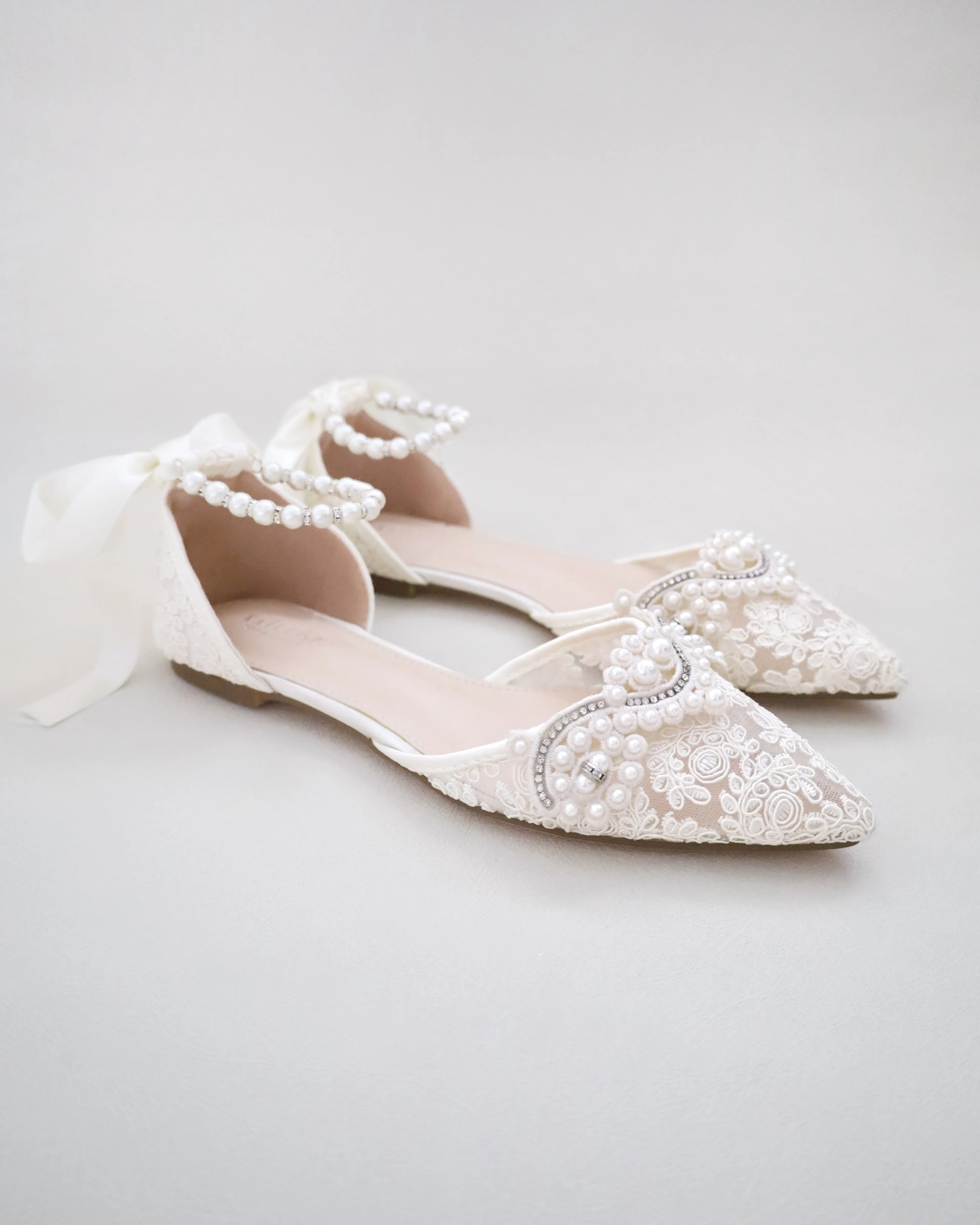 Crochet Lace Pointy Toe Flats with Small Pearls Applique
