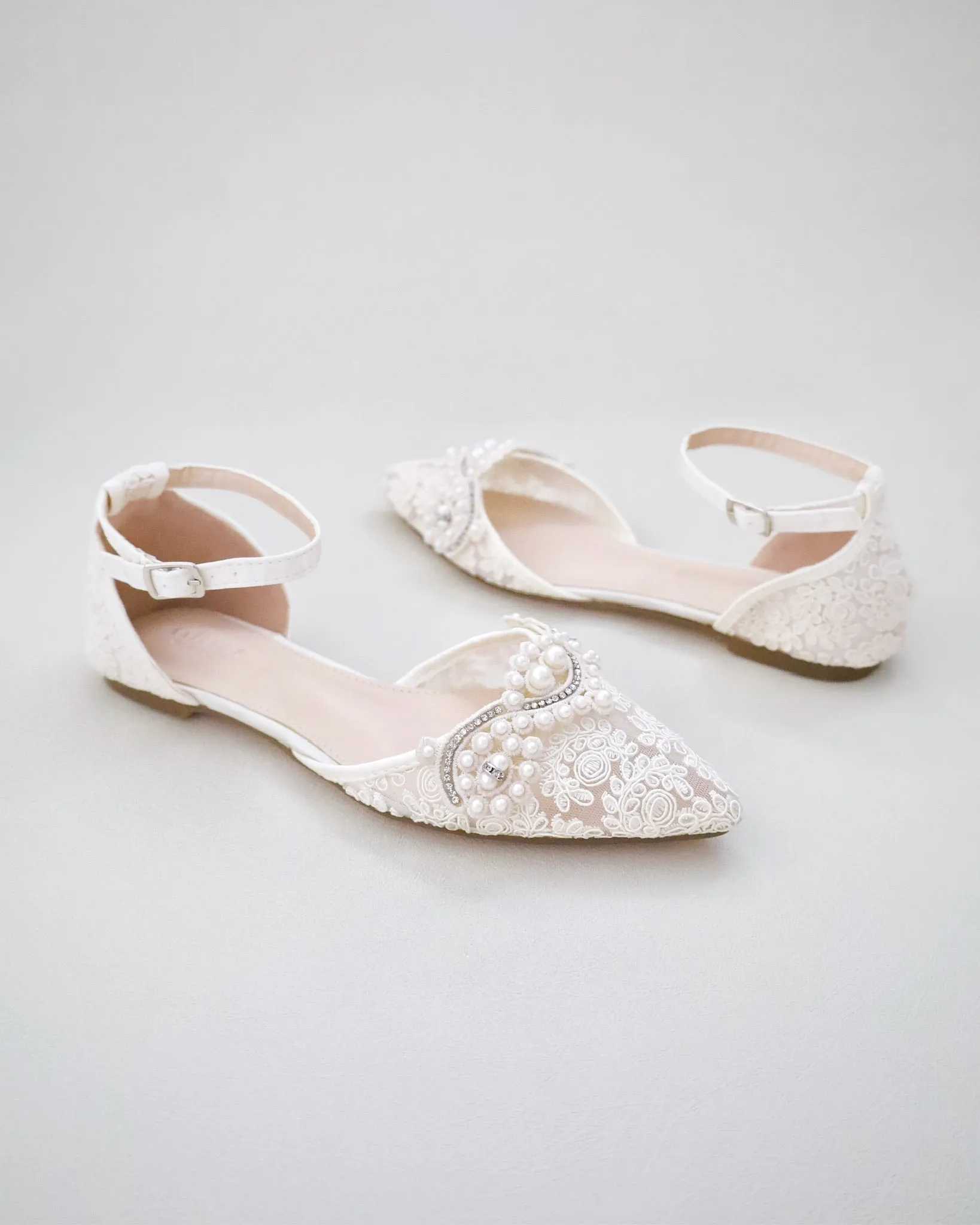 Crochet Lace Pointy Toe Flats with Small Pearls Applique