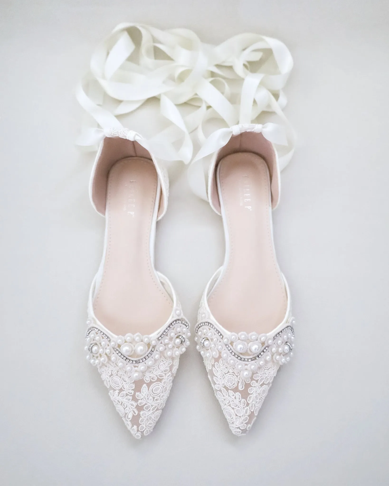 Crochet Lace Pointy Toe Flats with Small Pearls Applique