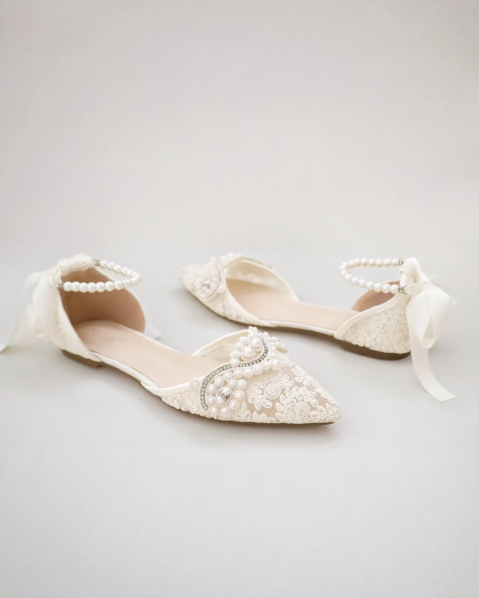 Crochet Lace Pointy Toe Flats with Small Pearls Applique