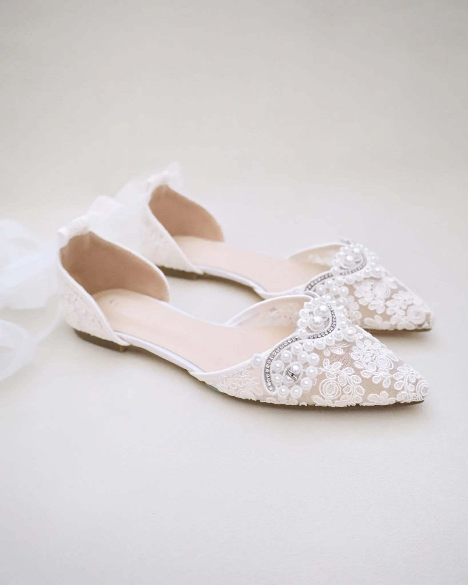 Crochet Lace Pointy Toe Flats with Small Pearls Applique