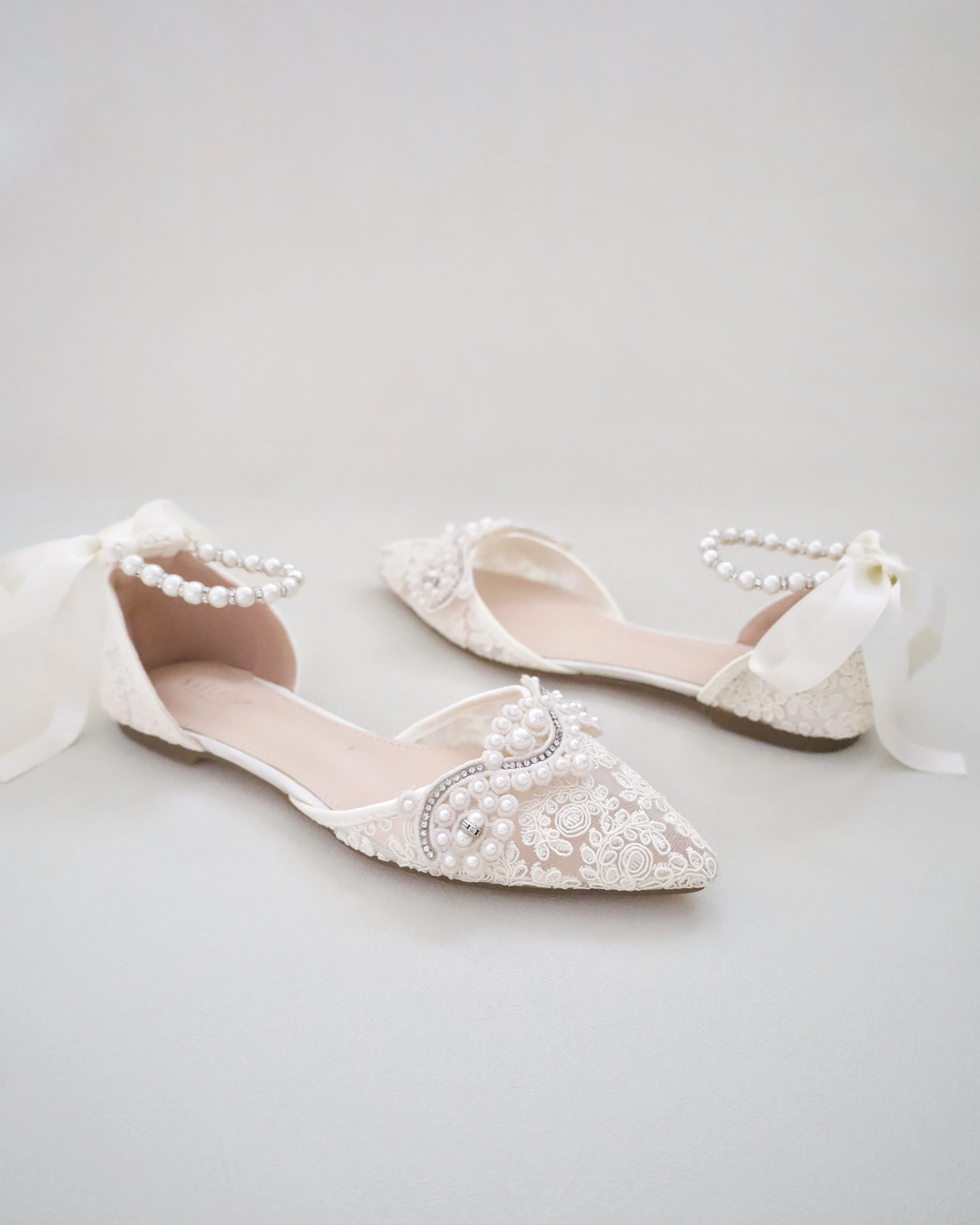Crochet Lace Pointy Toe Flats with Small Pearls Applique