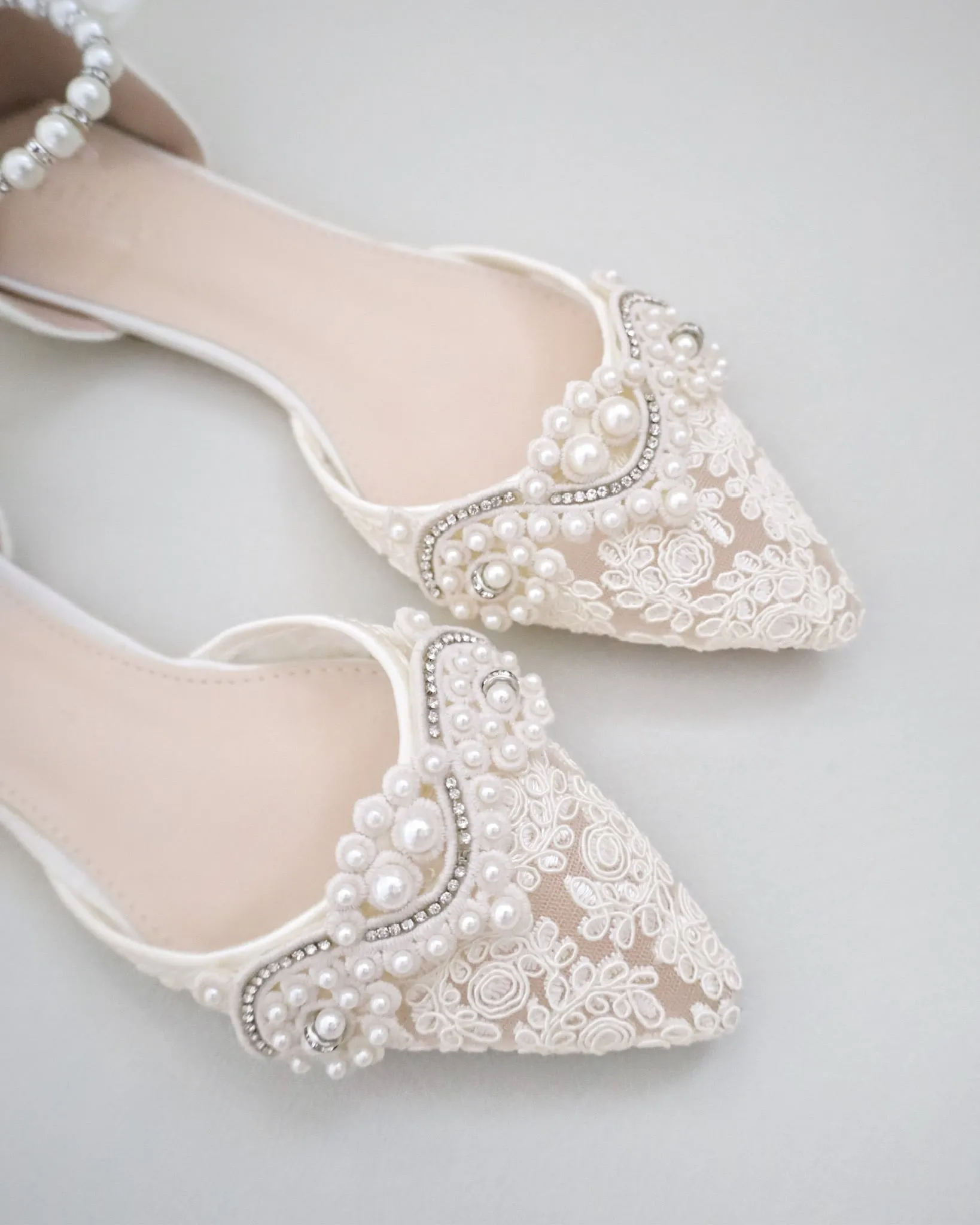 Crochet Lace Pointy Toe Flats with Small Pearls Applique