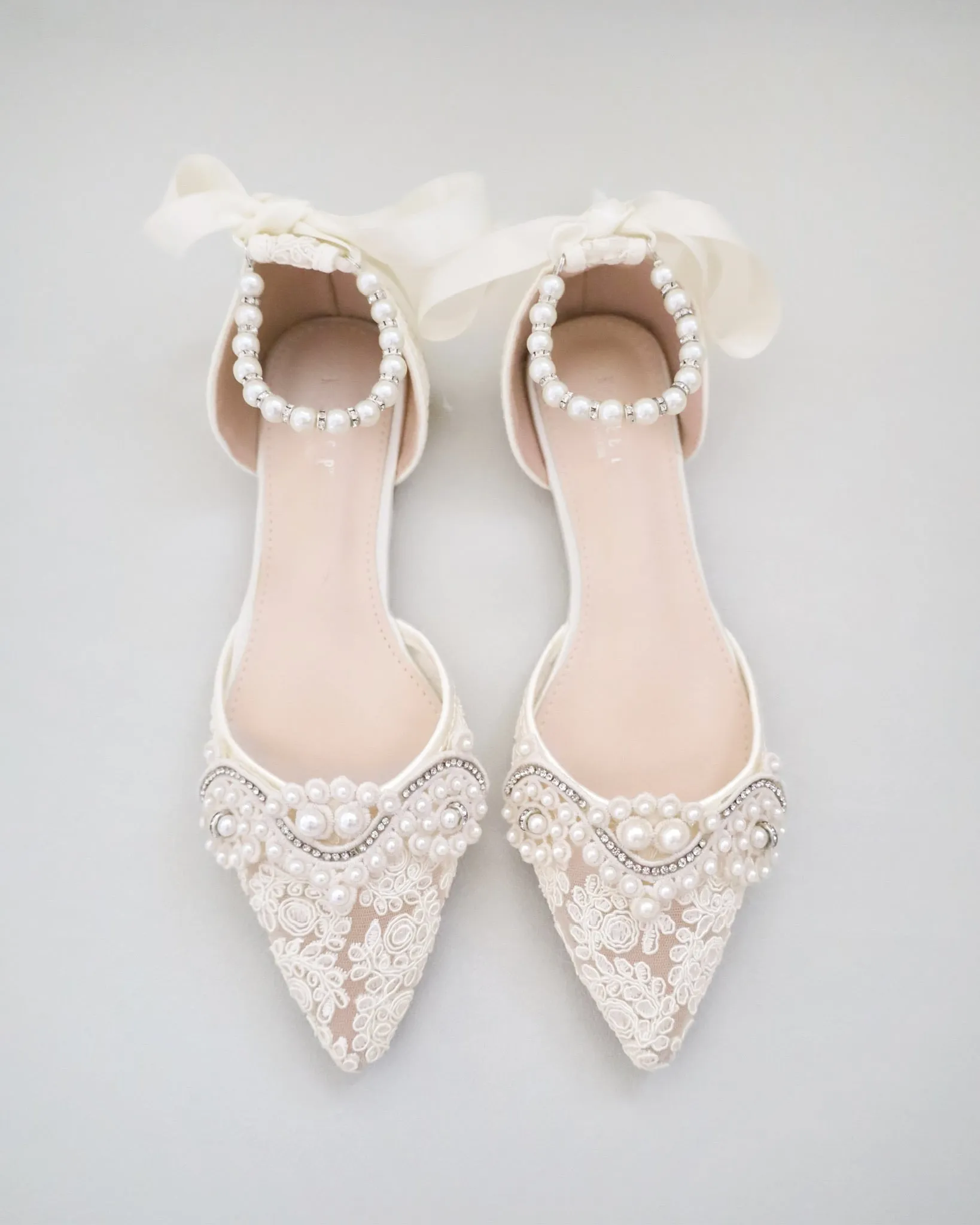 Crochet Lace Pointy Toe Flats with Small Pearls Applique