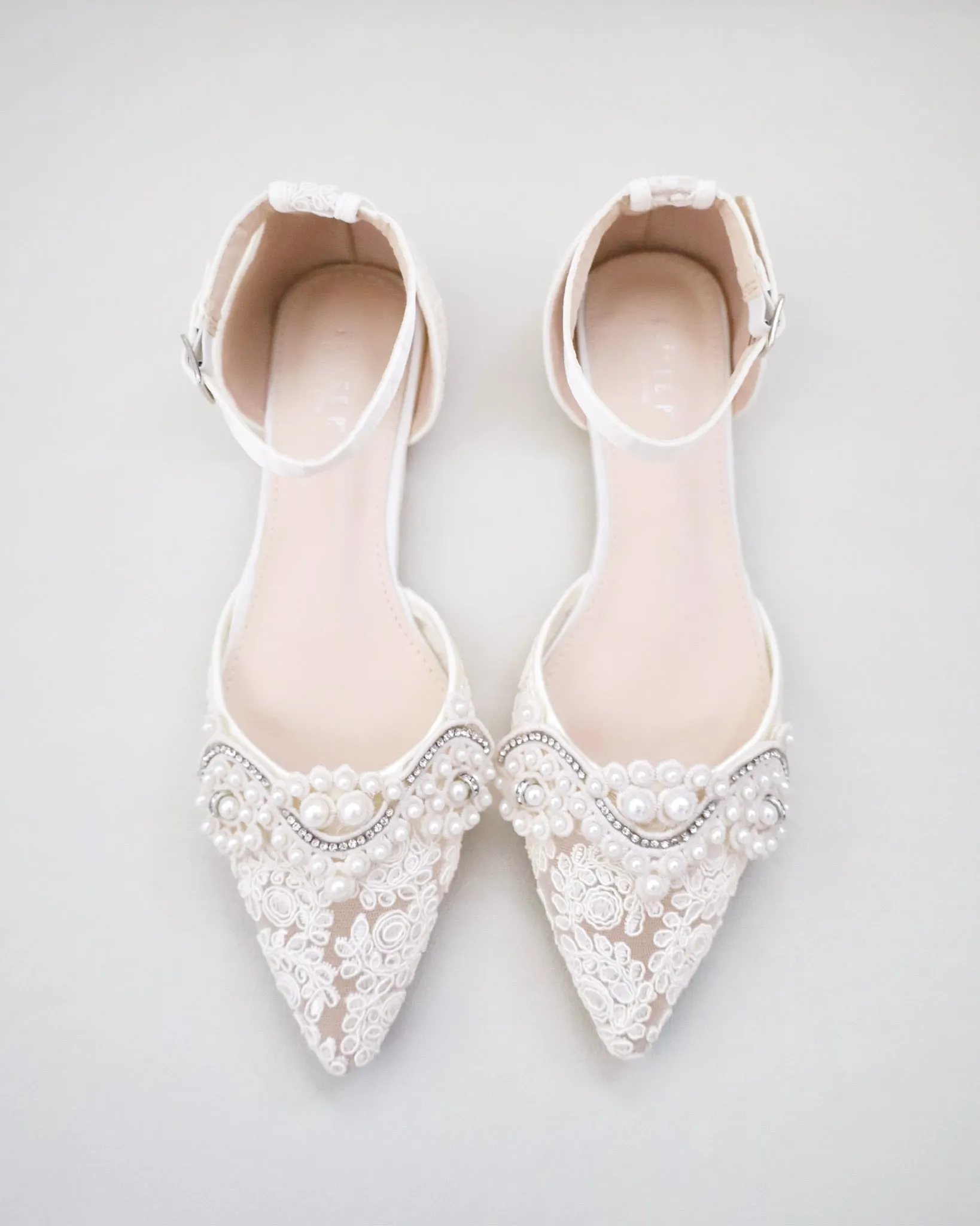 Crochet Lace Pointy Toe Flats with Small Pearls Applique