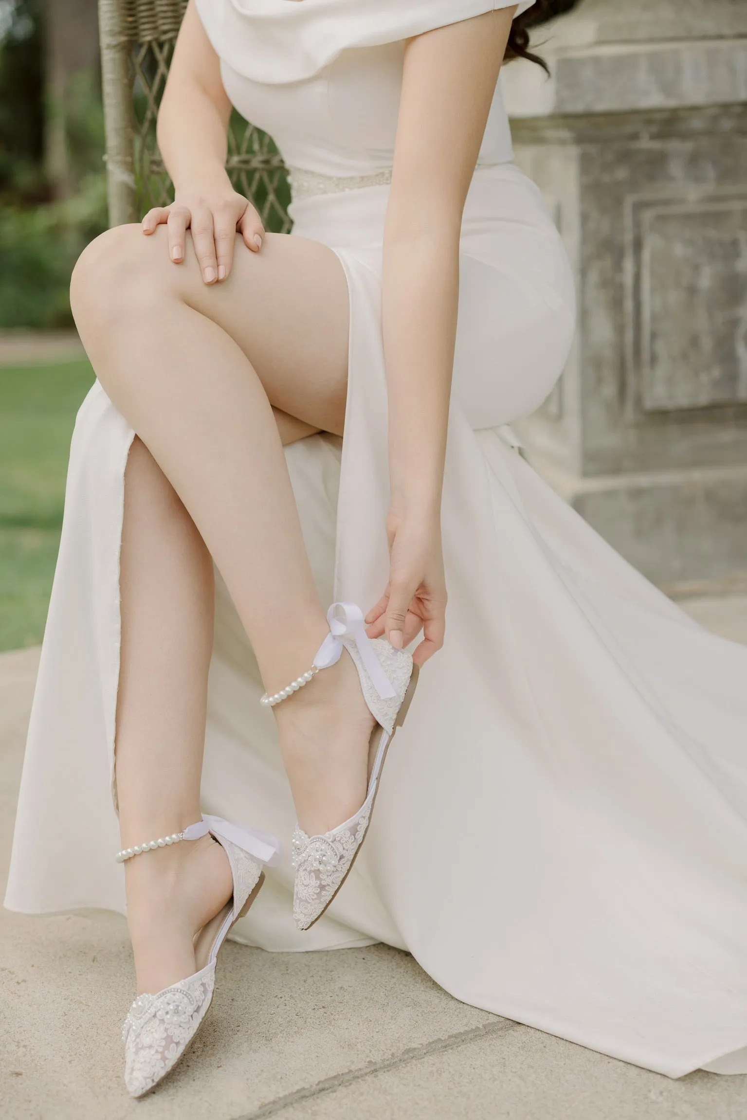 Crochet Lace Pointy Toe Flats with Small Pearls Applique