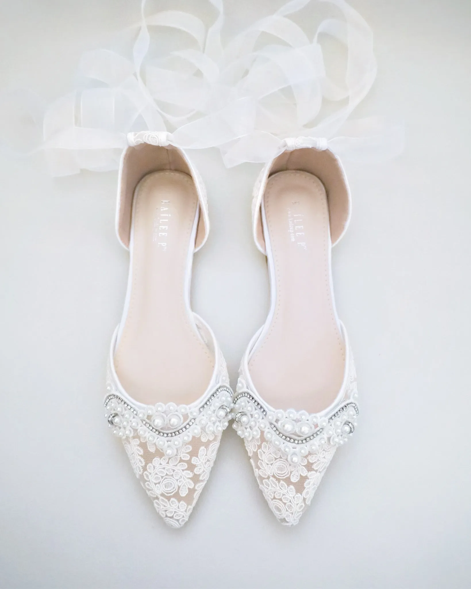Crochet Lace Pointy Toe Flats with Small Pearls Applique