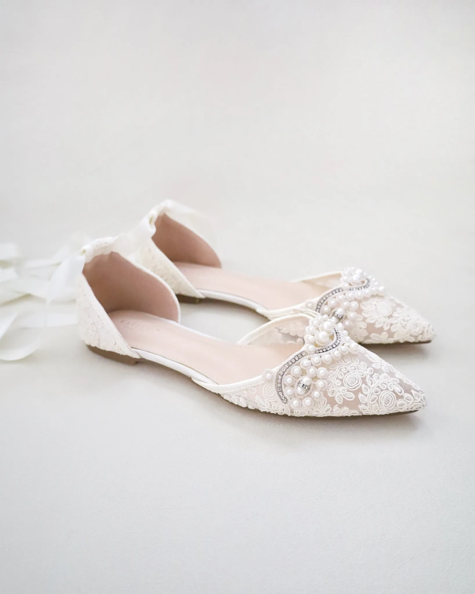 Crochet Lace Pointy Toe Flats with Small Pearls Applique