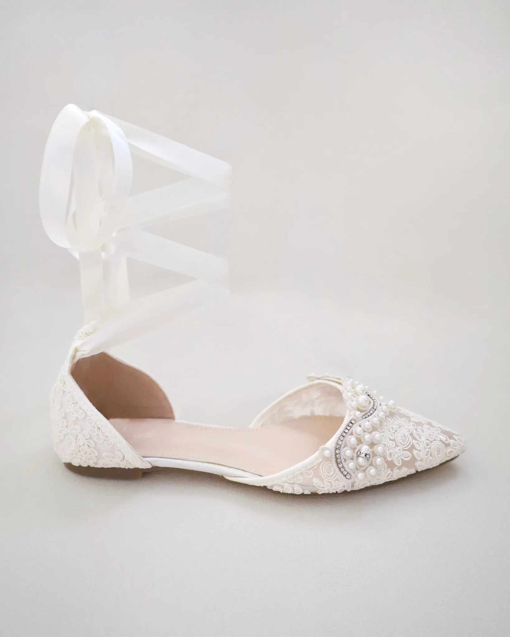 Crochet Lace Pointy Toe Flats with Small Pearls Applique