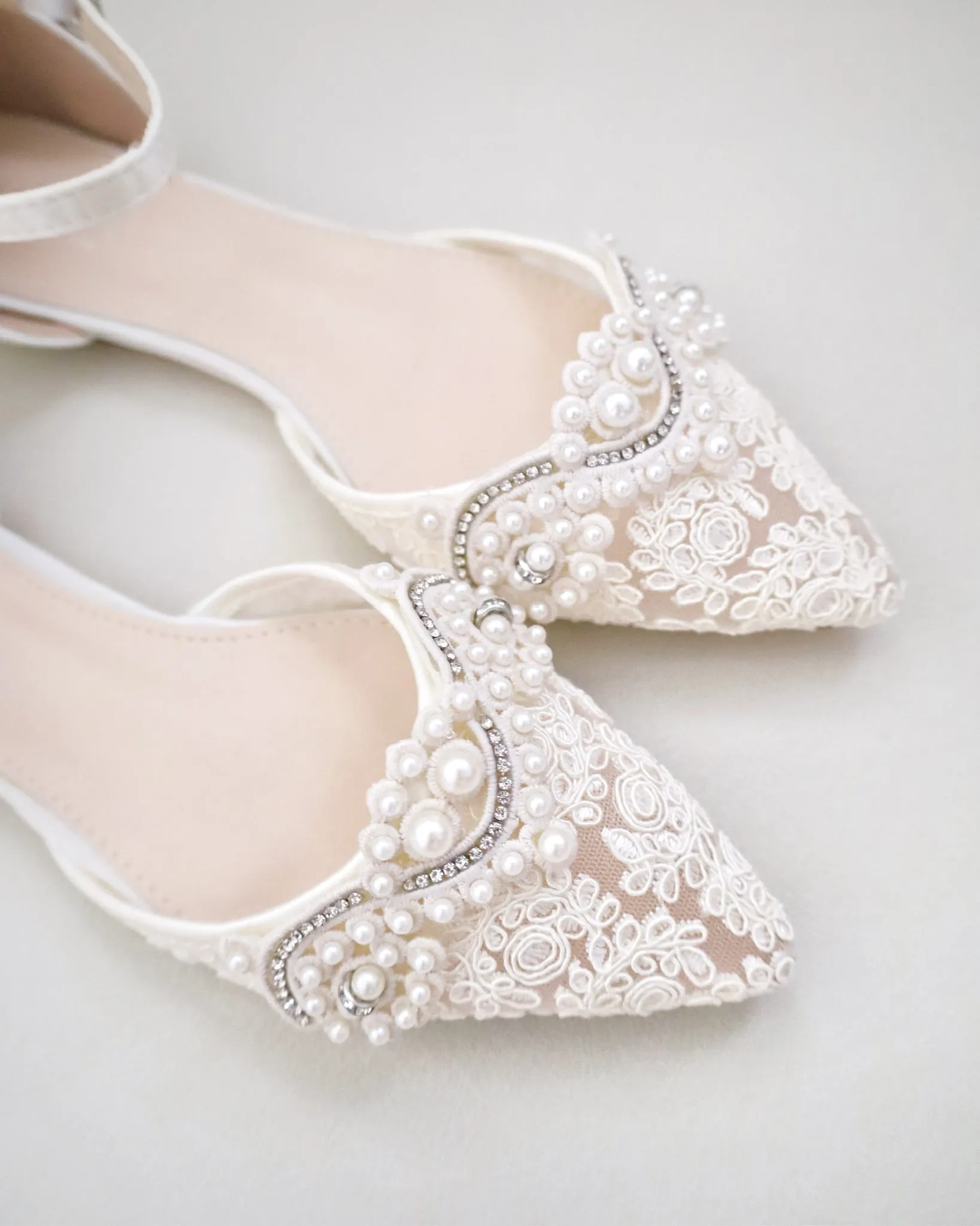 Crochet Lace Pointy Toe Flats with Small Pearls Applique