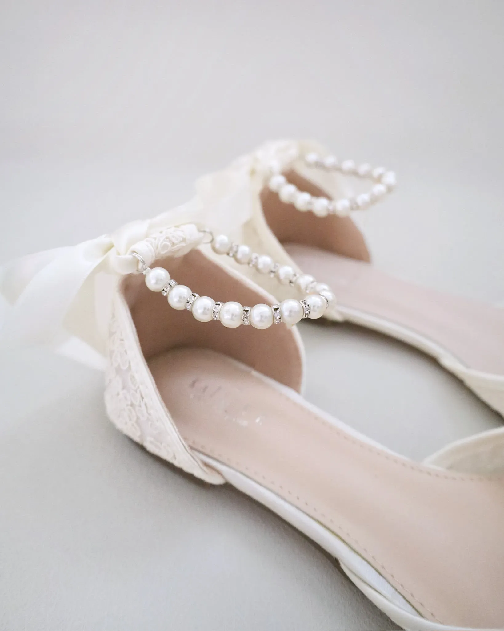 Crochet Lace Pointy Toe Flats with Small Pearls Applique