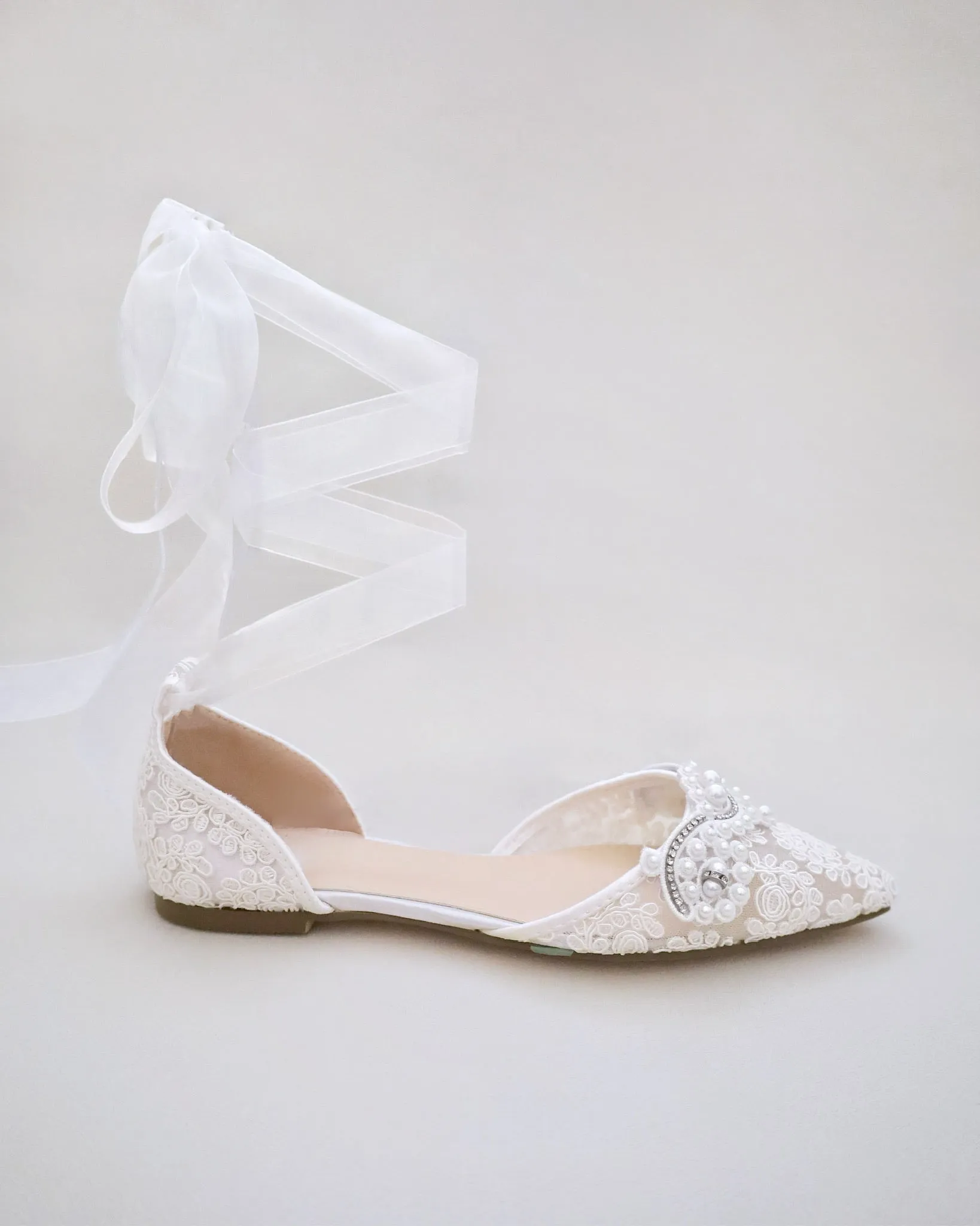 Crochet Lace Pointy Toe Flats with Small Pearls Applique