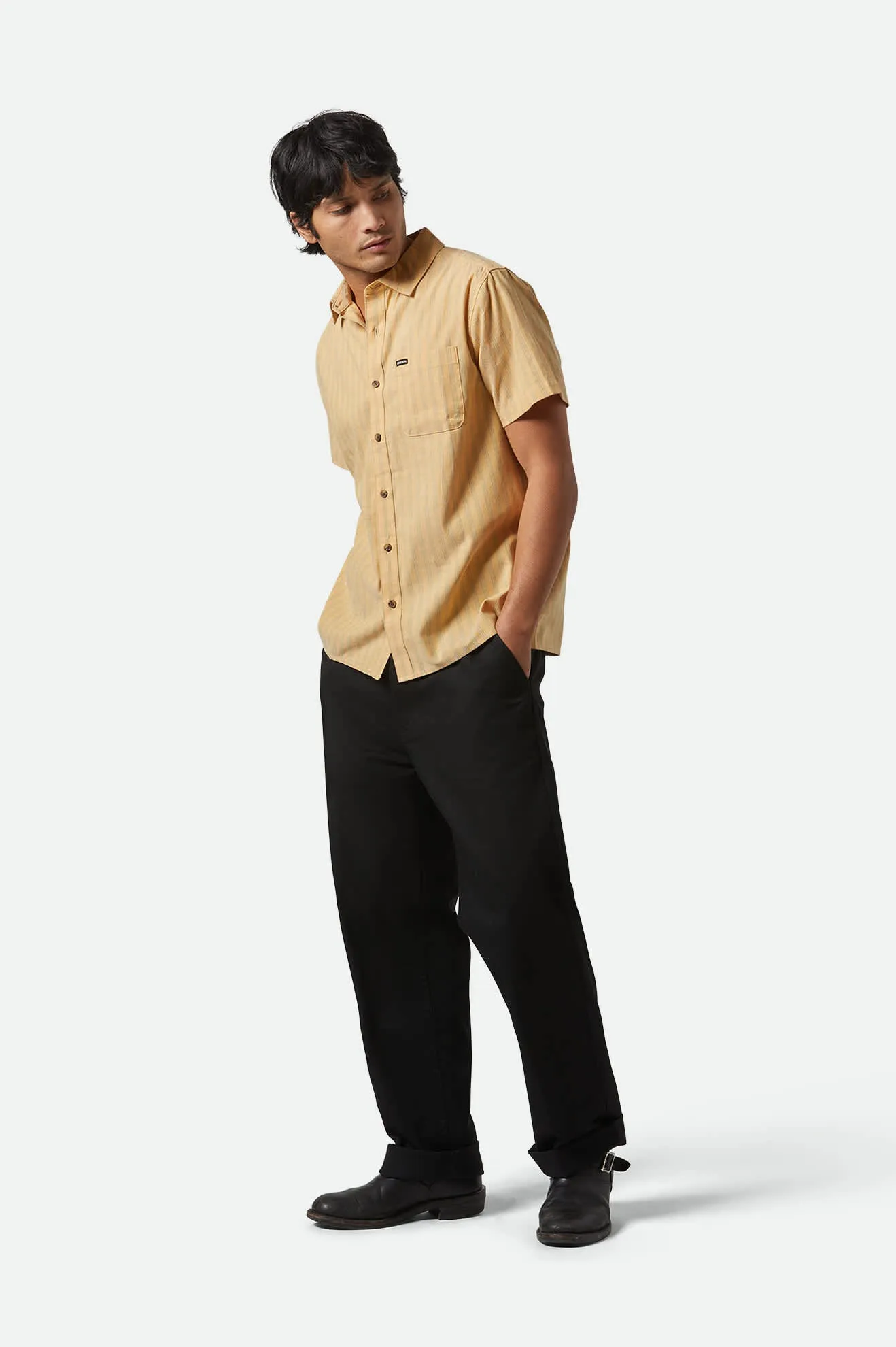 CRU Oxford Stripe S/S Shirt - Curry/Ivy Green Stripe