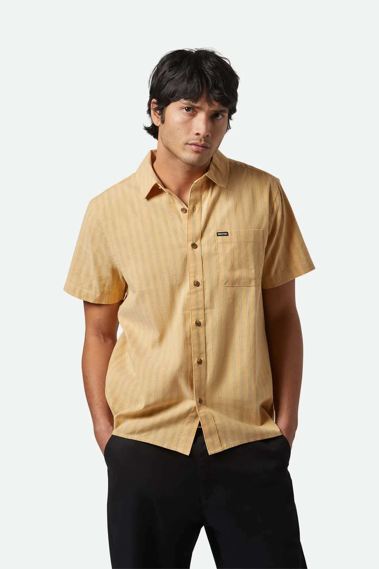 CRU Oxford Stripe S/S Shirt - Curry/Ivy Green Stripe