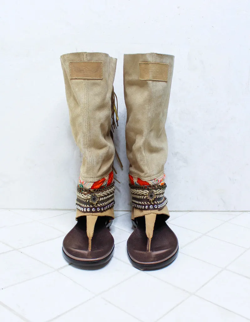 Custom Made Boho High Boot Sandals in Beige | SIZE 39
