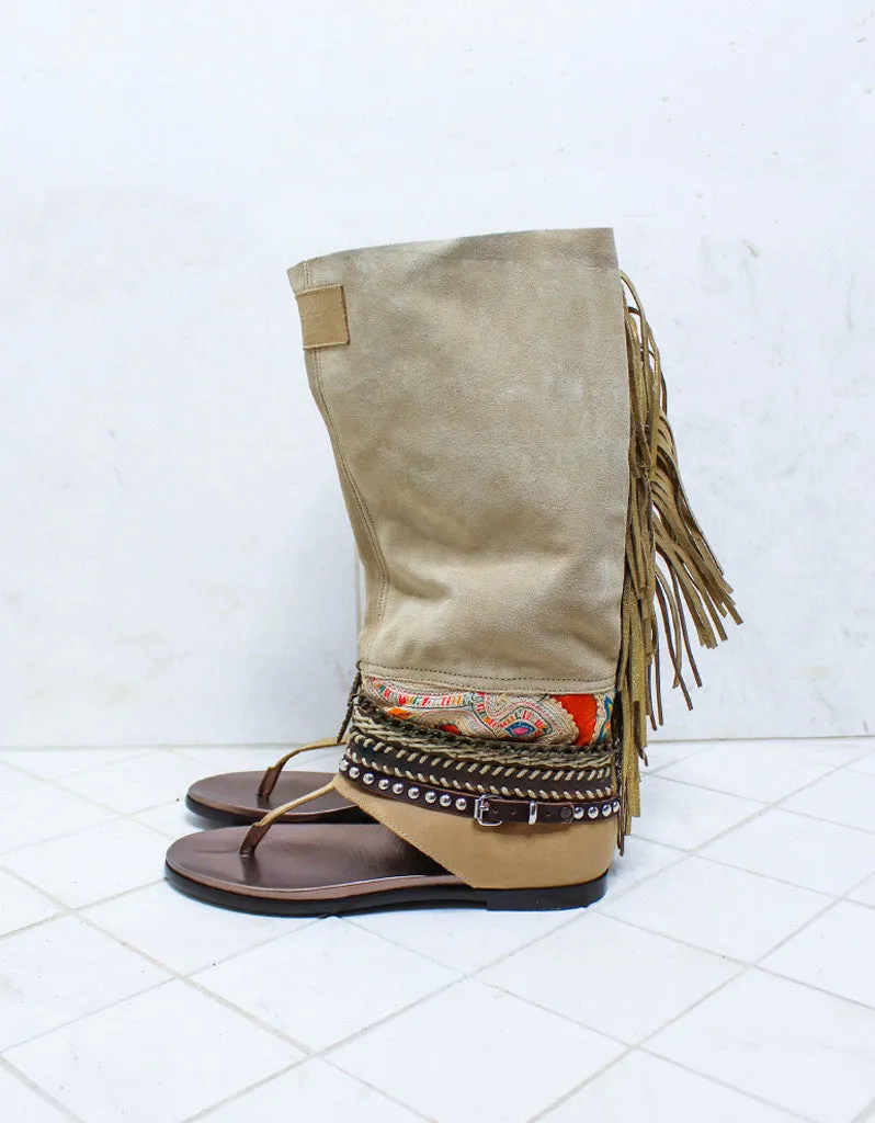 Custom Made Boho High Boot Sandals in Beige | SIZE 39