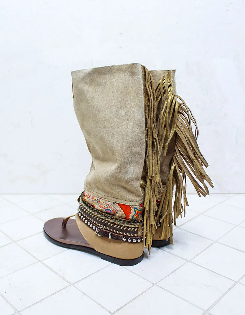 Custom Made Boho High Boot Sandals in Beige | SIZE 39