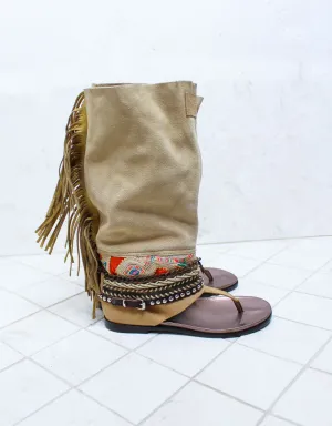 Custom Made Boho High Boot Sandals in Beige | SIZE 39
