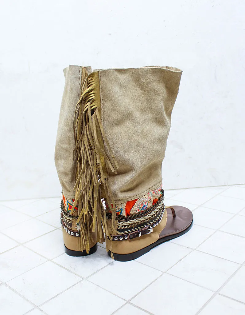 Custom Made Boho High Boot Sandals in Beige | SIZE 39