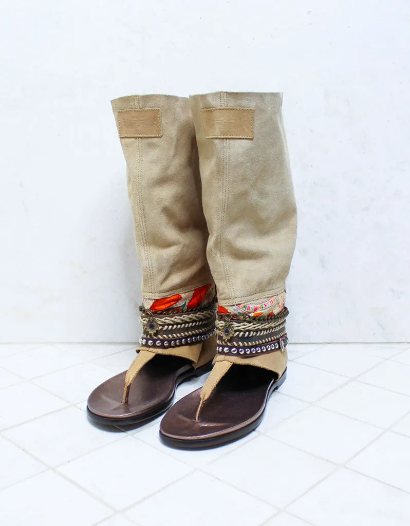 Custom Made Boho High Boot Sandals in Beige | SIZE 39