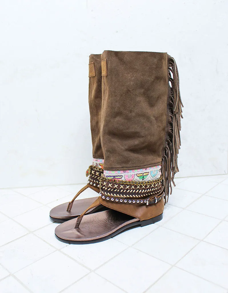 Custom Made Boho High Boot Sandals in Brown | SIZE 38