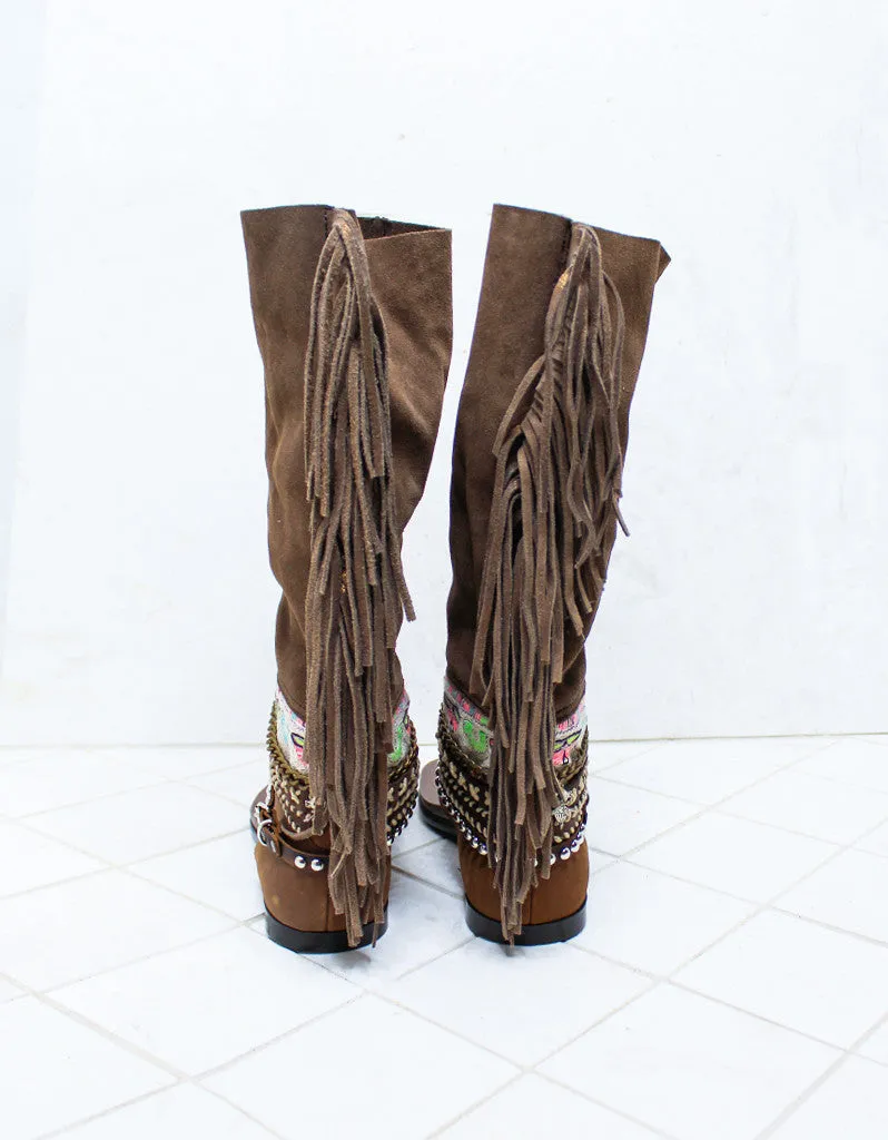 Custom Made Boho High Boot Sandals in Brown | SIZE 38