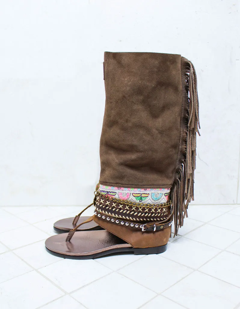 Custom Made Boho High Boot Sandals in Brown | SIZE 38