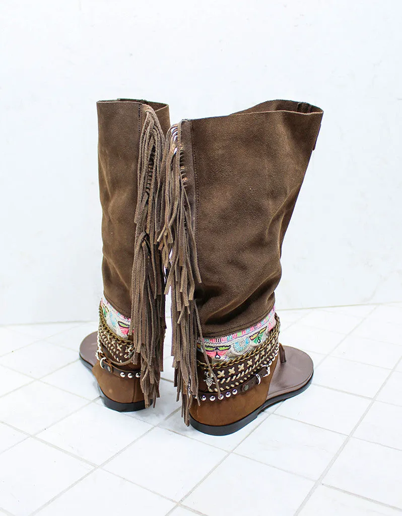Custom Made Boho High Boot Sandals in Brown | SIZE 38