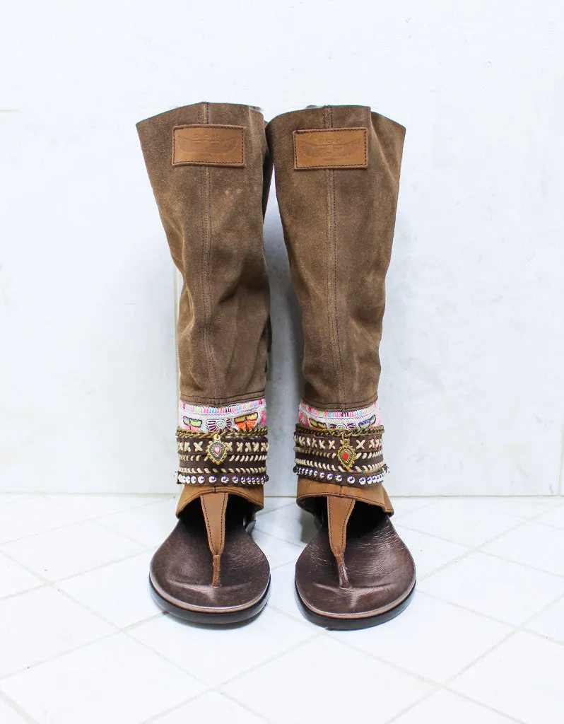 Custom Made Boho High Boot Sandals in Brown | SIZE 38