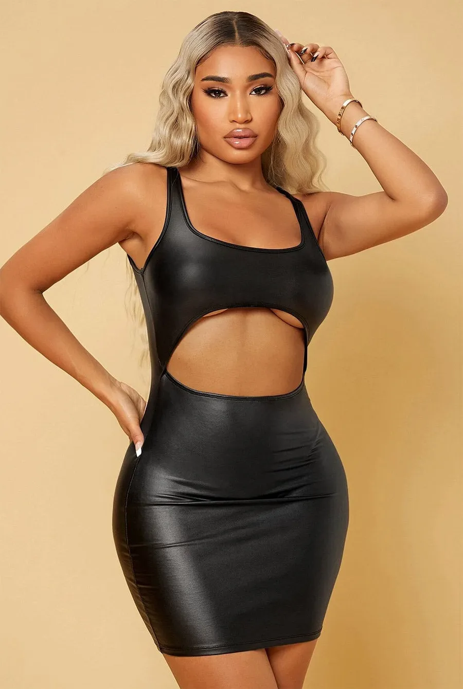Cut Out Bodycon PU Leather Dress