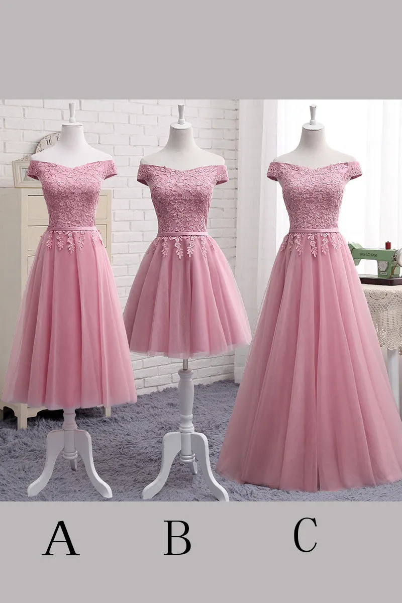 Cute A Line Lace Off Shoulder Prom Dress,Lace Evening Dress,Pink Junior Homecoming Dresses OK356