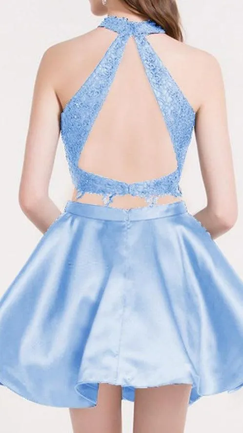 Cute Blue Two Pieces Lace Satin Short Prom Dress Homecoming Dress PG196