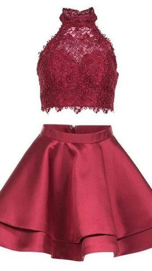 Cute Blue Two Pieces Lace Satin Short Prom Dress Homecoming Dress PG196