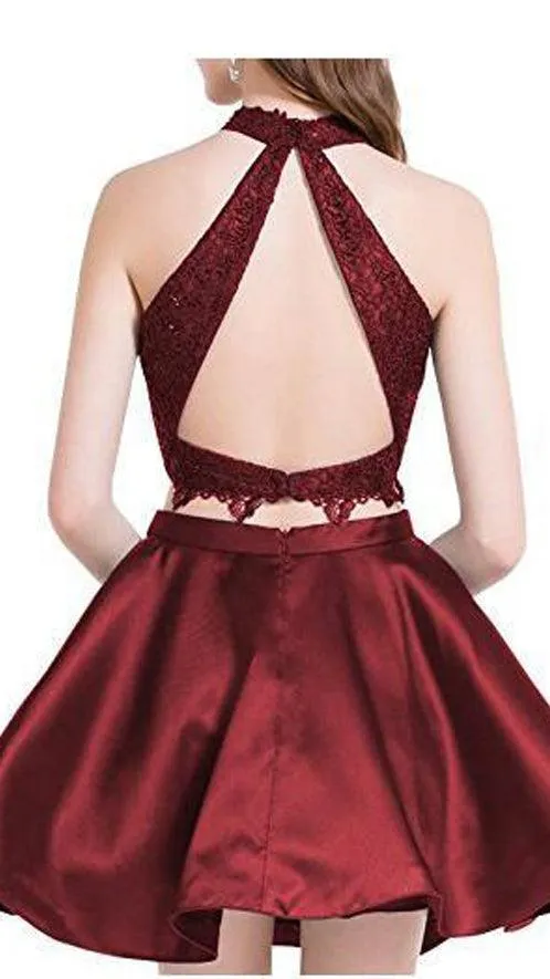 Cute Blue Two Pieces Lace Satin Short Prom Dress Homecoming Dress PG196