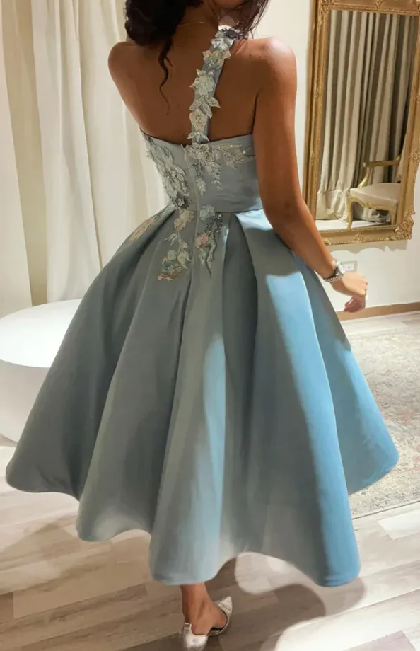 Cute satin lace short prom dress one shoulder evening dress    fg963