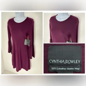 Cynthia Rowley NWT 100% Merino Wool Size XS Purple Sweater Dress Flare Sleeve