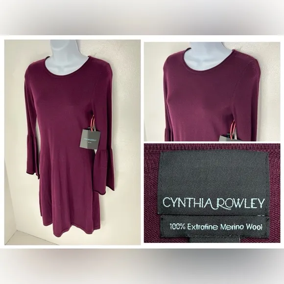 Cynthia Rowley NWT 100% Merino Wool Size XS Purple Sweater Dress Flare Sleeve