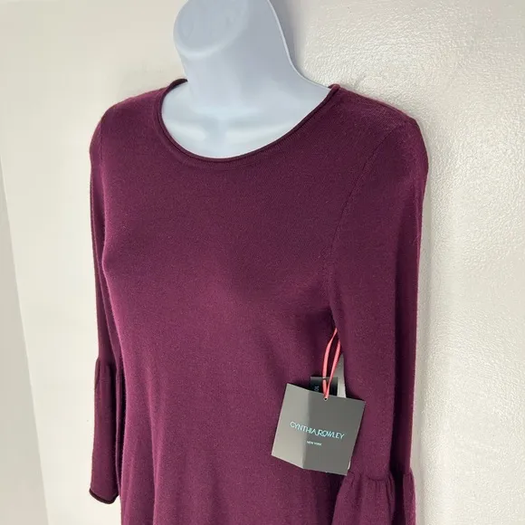 Cynthia Rowley NWT 100% Merino Wool Size XS Purple Sweater Dress Flare Sleeve