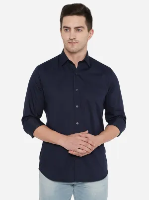 Dark Blue Solid Slim Fit Casual Shirt | JadeBlue