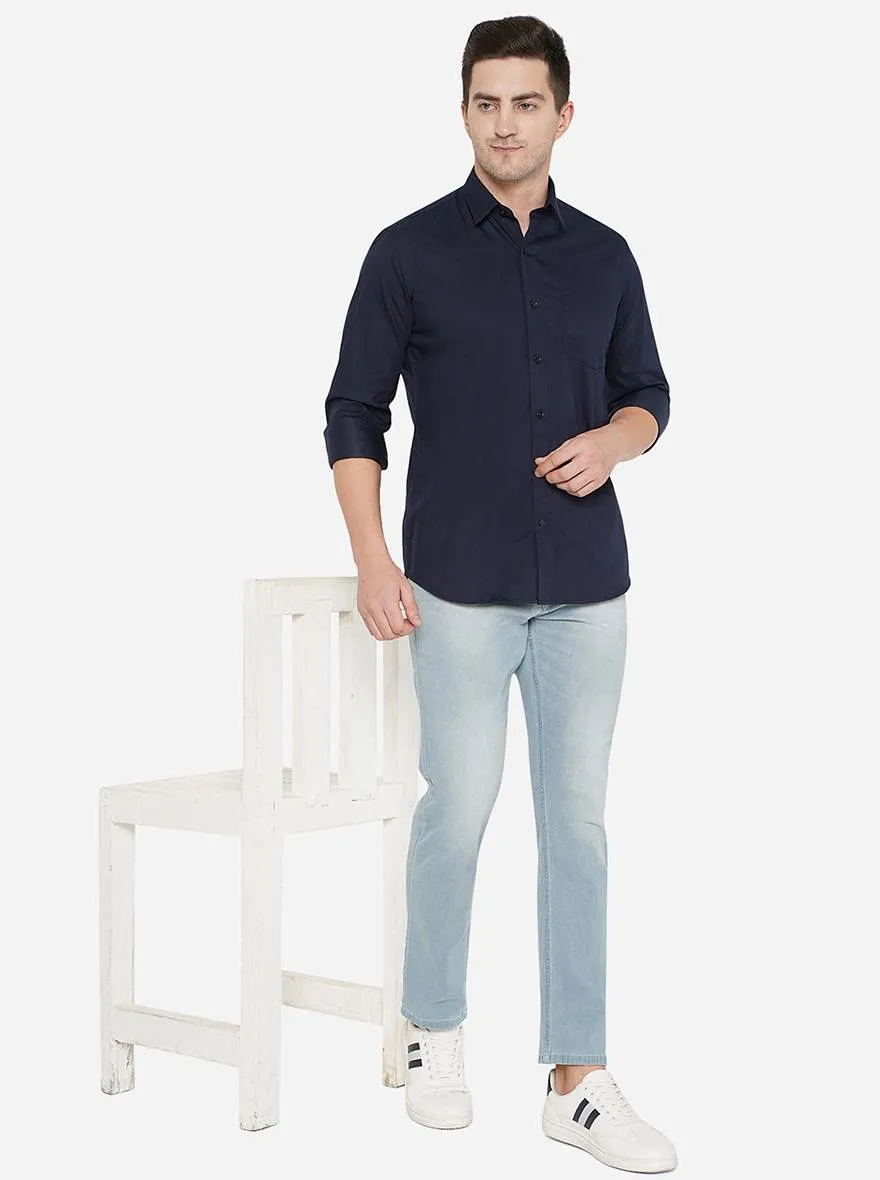 Dark Blue Solid Slim Fit Casual Shirt | JadeBlue