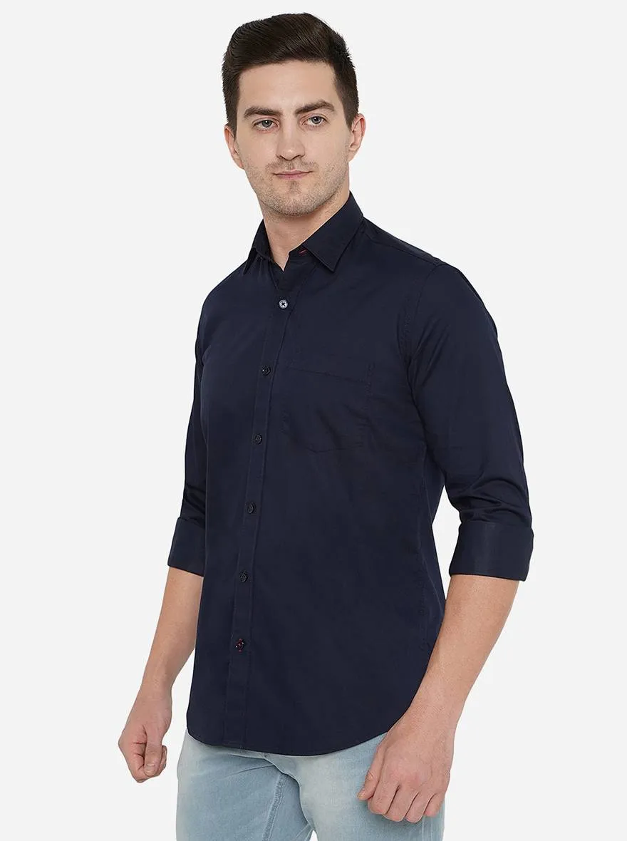Dark Blue Solid Slim Fit Casual Shirt | JadeBlue