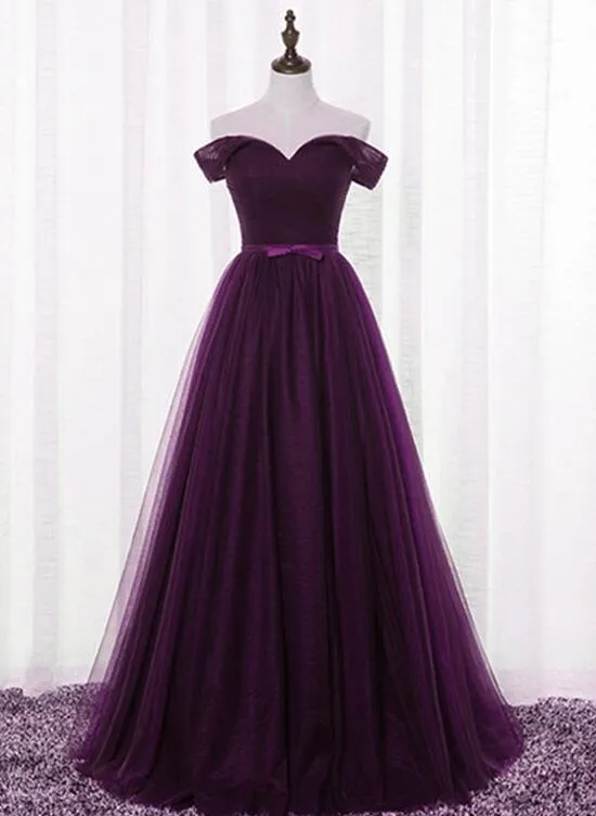 Dark Purple Tulle Off Shoulder Lace-up Formal Gown, Long Senior Prom Dress