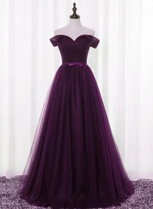 Dark Purple Tulle Off Shoulder Lace-up Formal Gown, Long Senior Prom Dress