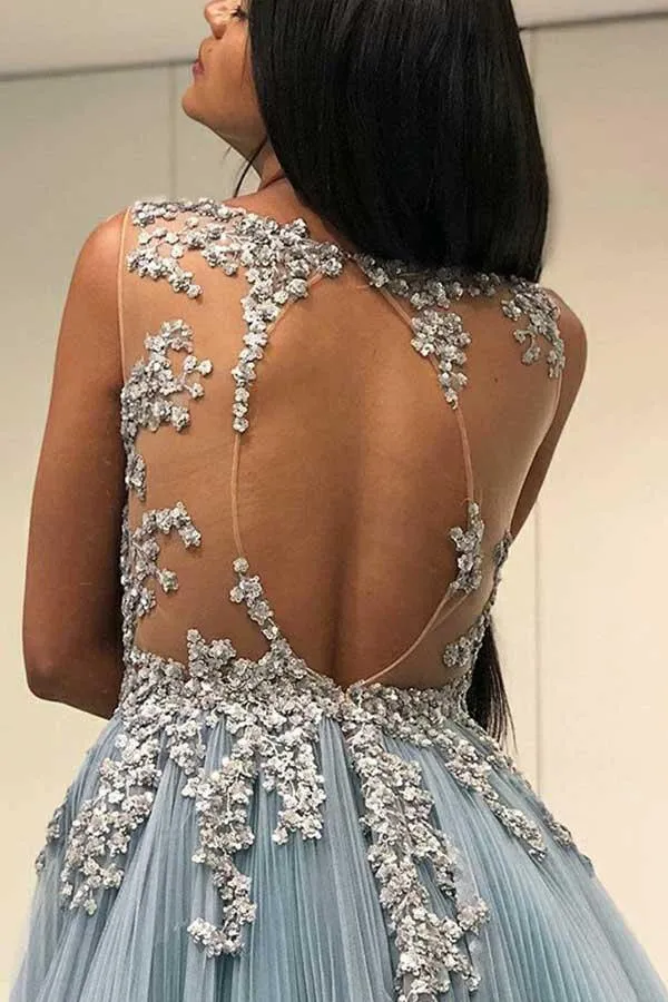 Decent Scoop Sky Blue Open Back Long Formal Prom Dress with Appliques  PG747